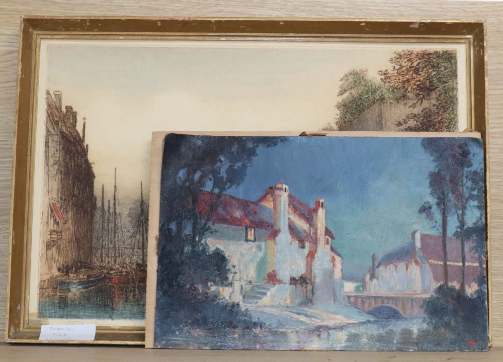 J. Alphonse Brewer, coloured etching, Harbour scene, 27 x 40cm and an unsigned oil sketch of a house under moonlight, 20 x 30cm